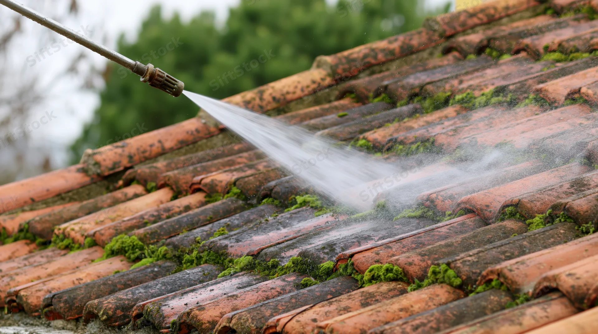 Pressure washer nozzle spraying water across moss-covered terracotta roof tiles during cleaning
