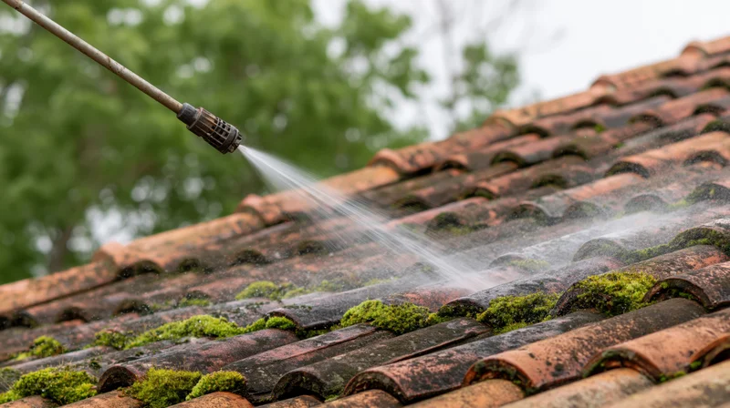 Pressure washer nozzle spraying water across moss-covered terracotta roof tiles