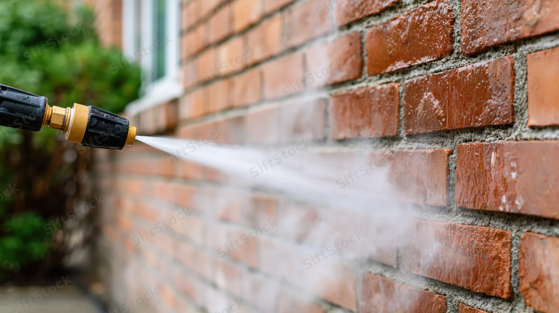 Pressure washer nozzle spraying water onto a brick wall during outdoor cleaning