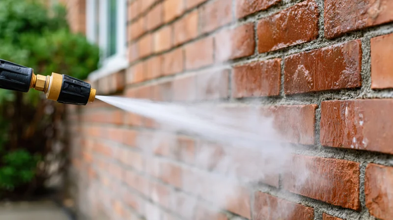 Pressure washer nozzle spraying water onto a brick wall during outdoor cleaning