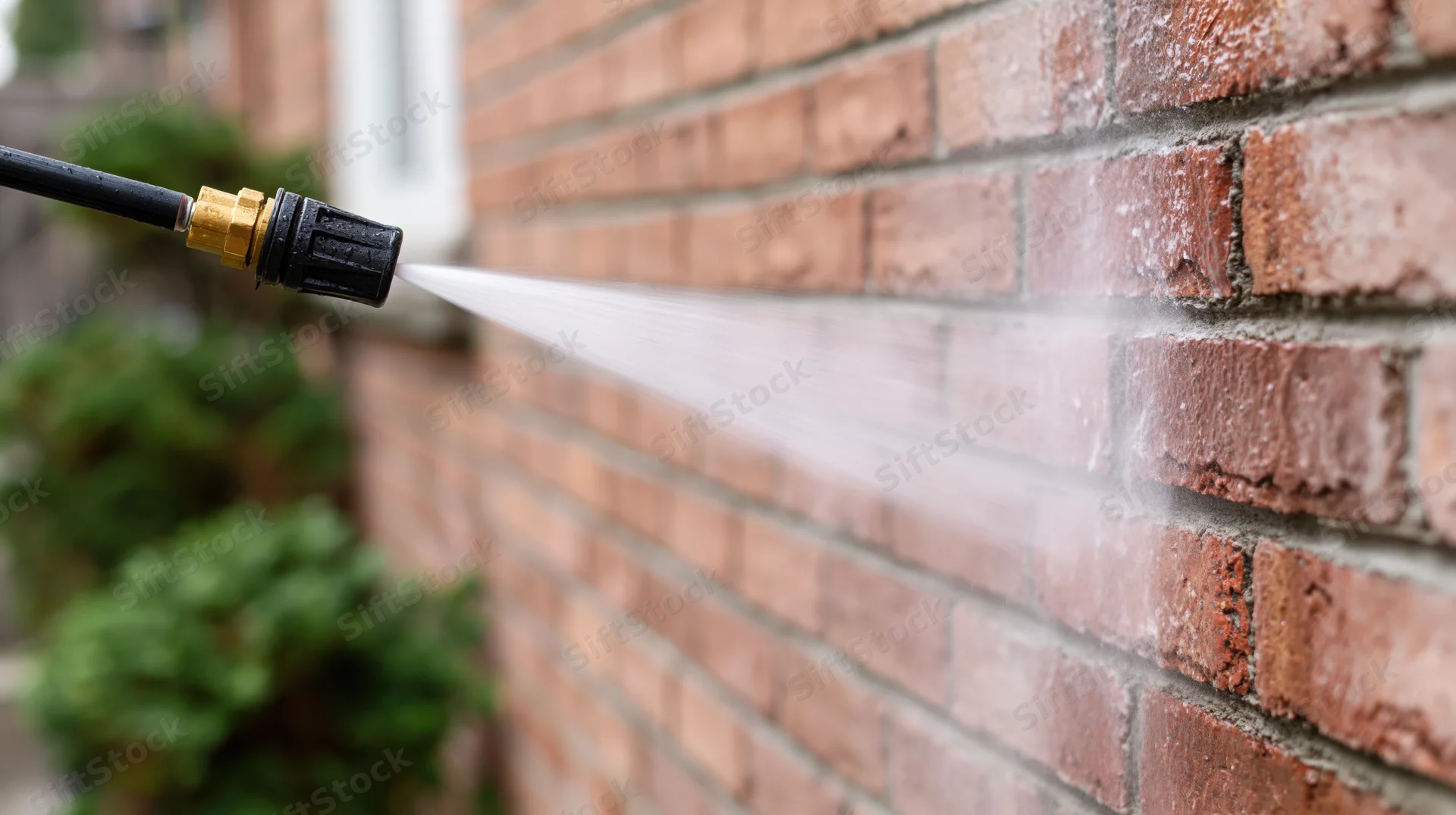 Pressure washer nozzle spraying water onto a brick wall outdoors