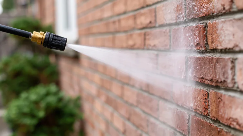Pressure washer nozzle spraying water onto a brick wall outdoors