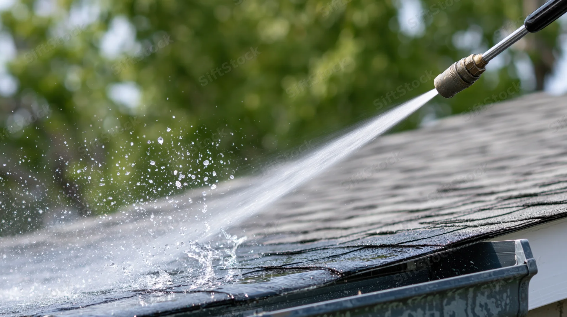 Pressure washer spraying water onto a roof near the gutter
