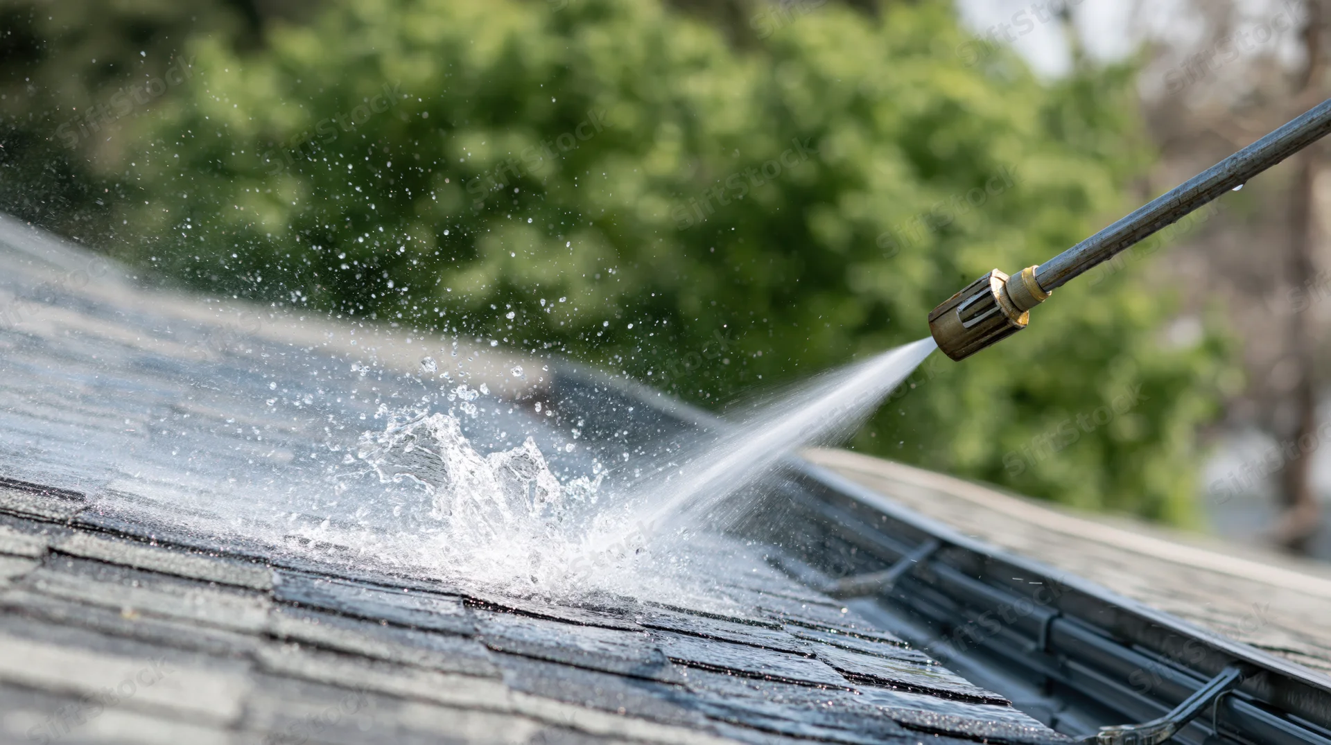 Pressure washer spraying water onto a shingled roof near a gutter