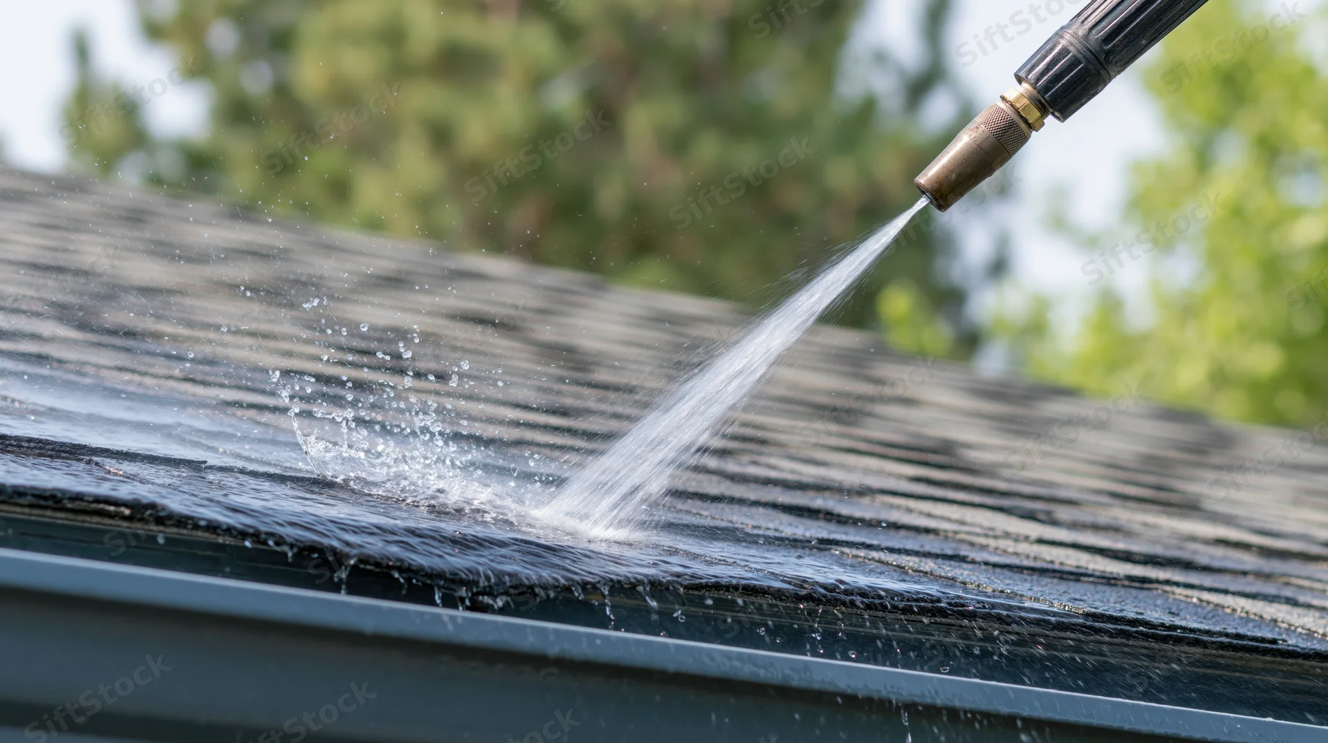 Pressure washer spraying water onto a roof gutter during outdoor cleaning