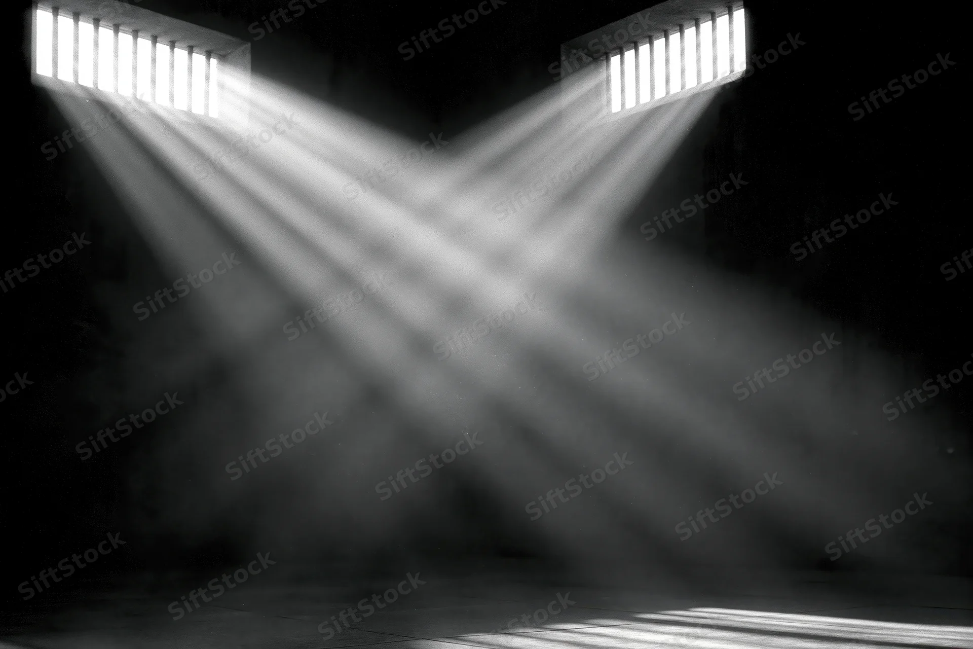 Light beams through barred windows in a prison cell interior