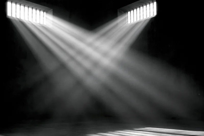 Light beams through barred windows in a prison cell interior