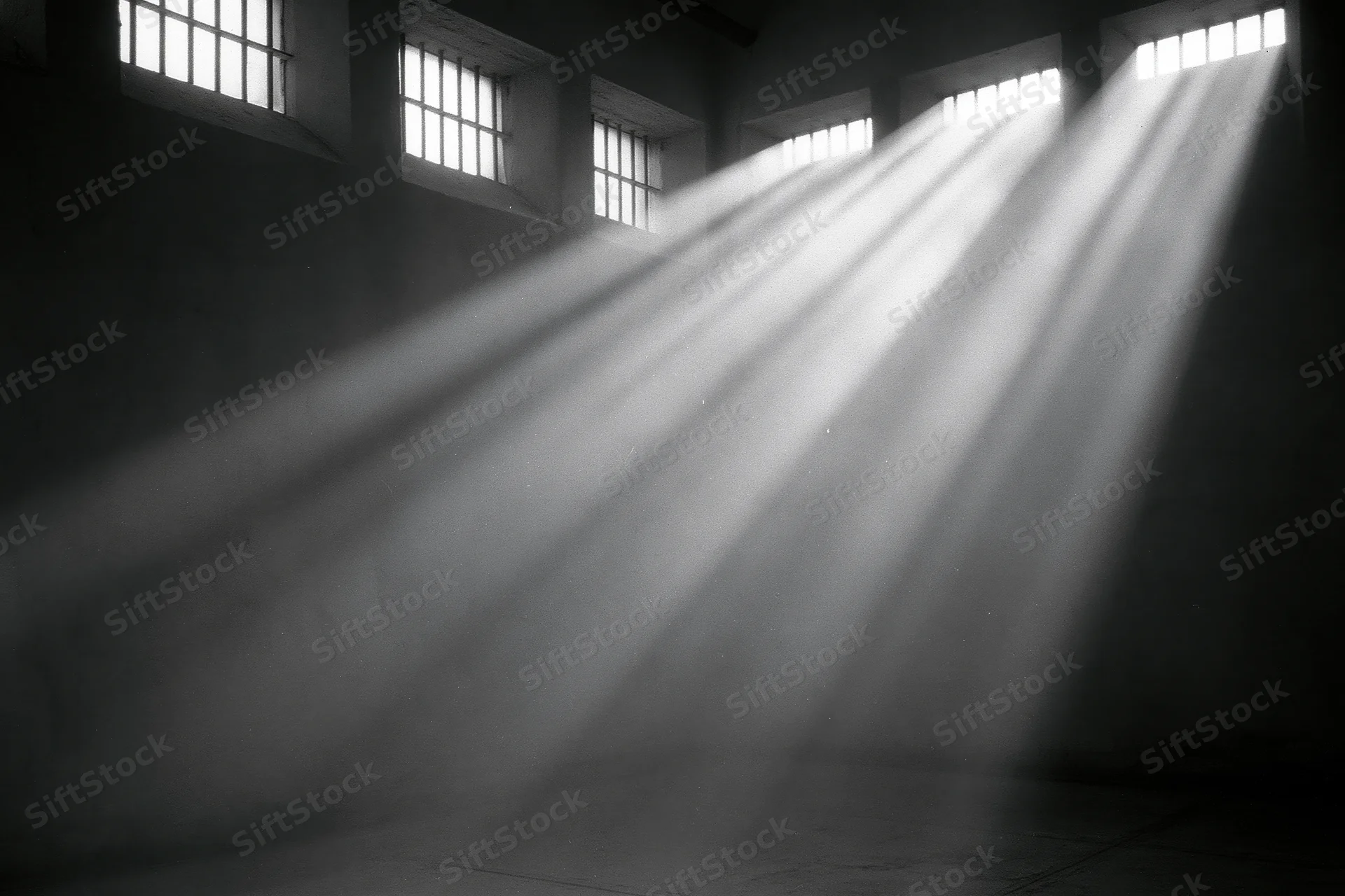Sunbeams through barred windows in a prison cell interior