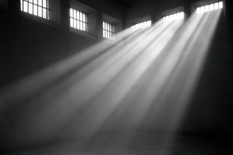 Sunbeams through barred windows in a prison cell interior