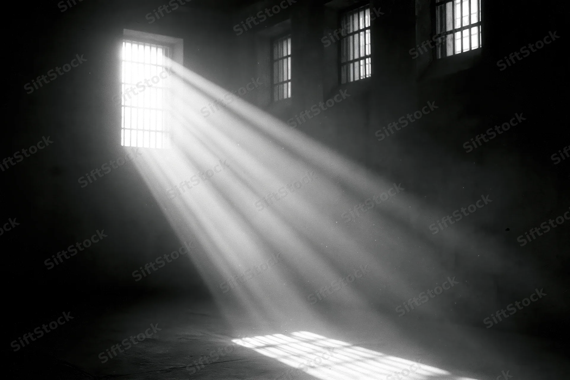 Sunbeams through barred windows in a prison cell interior