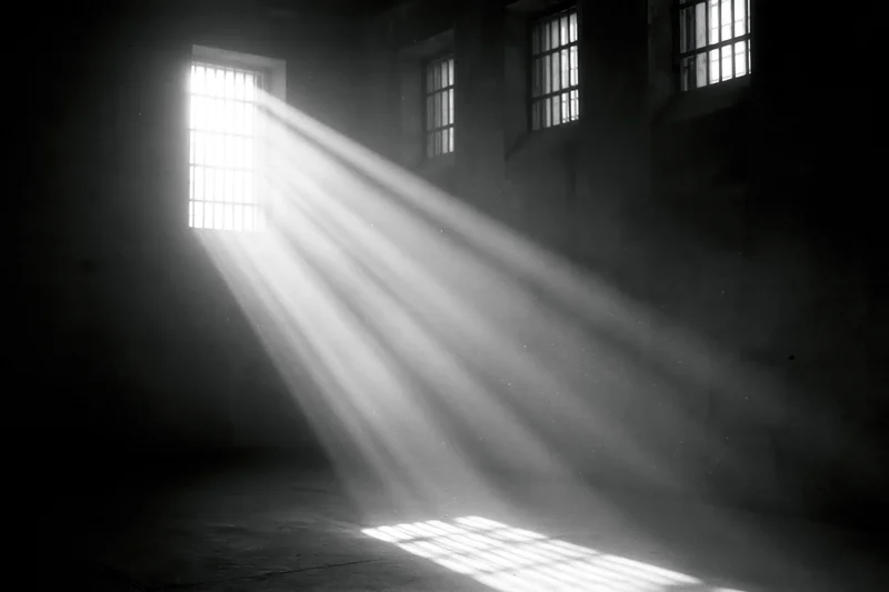 Sunbeams through barred windows in a prison cell interior