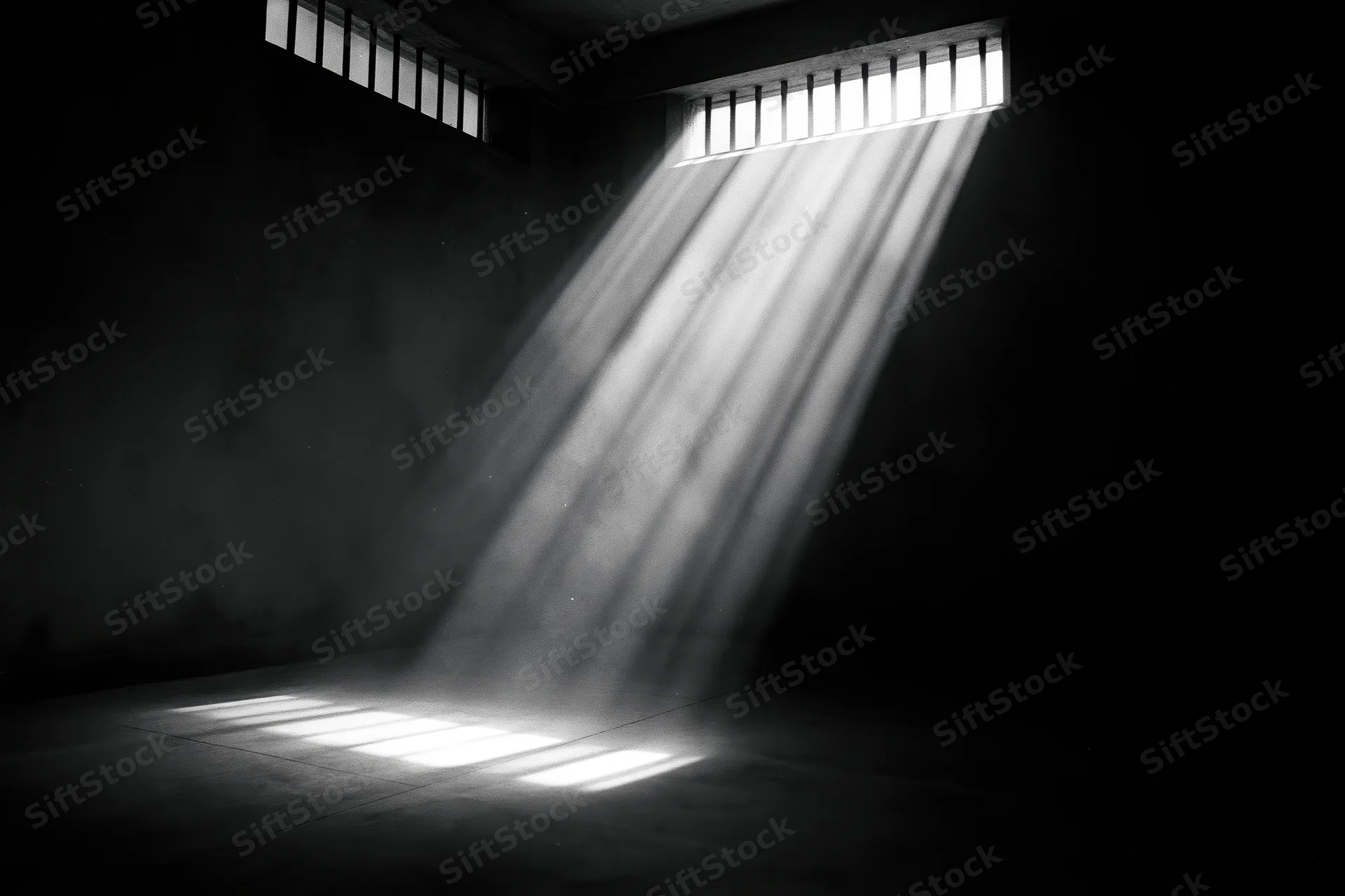 Light beams through barred windows in a dark prison cell interior