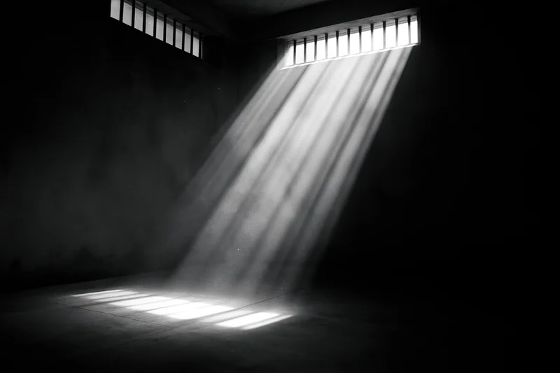 Light beams through barred windows in a dark prison cell interior