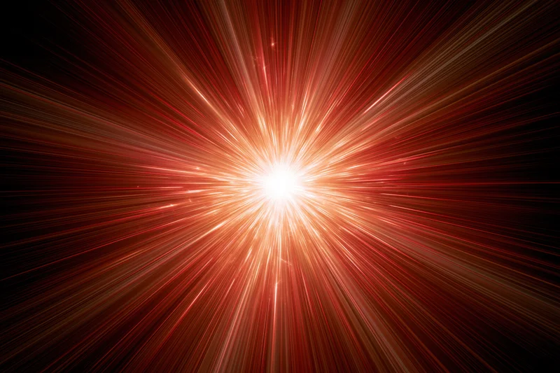 Radial light burst exploding from a central bright point in dark space