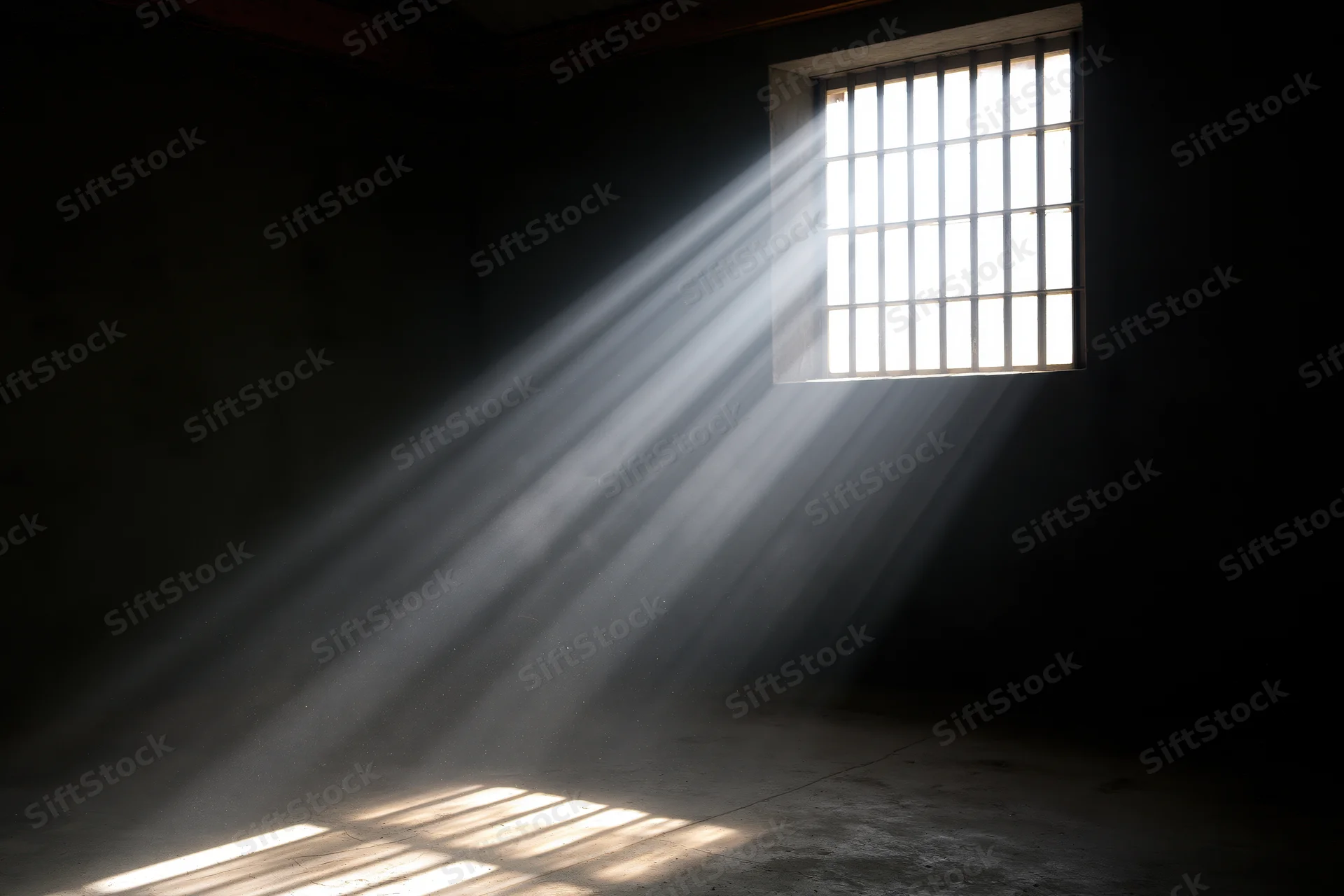 Sunlight streaming through barred window in prison cell interior