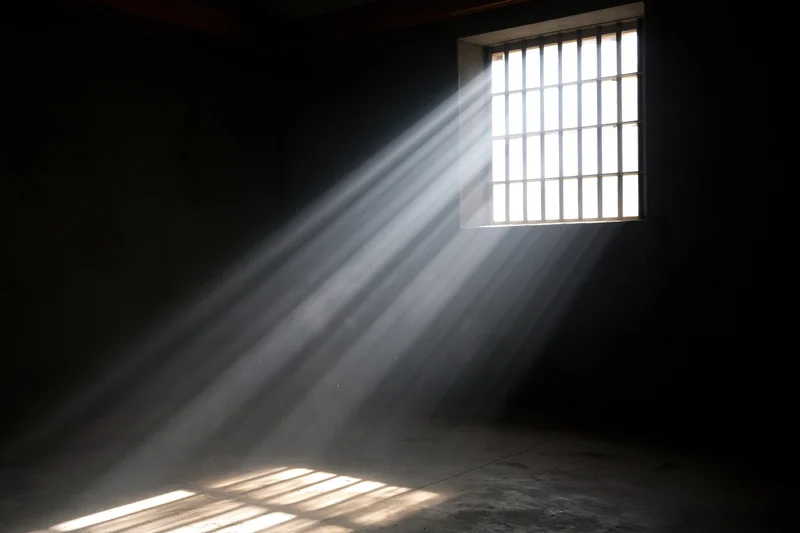 Sunlight streaming through barred window in prison cell interior