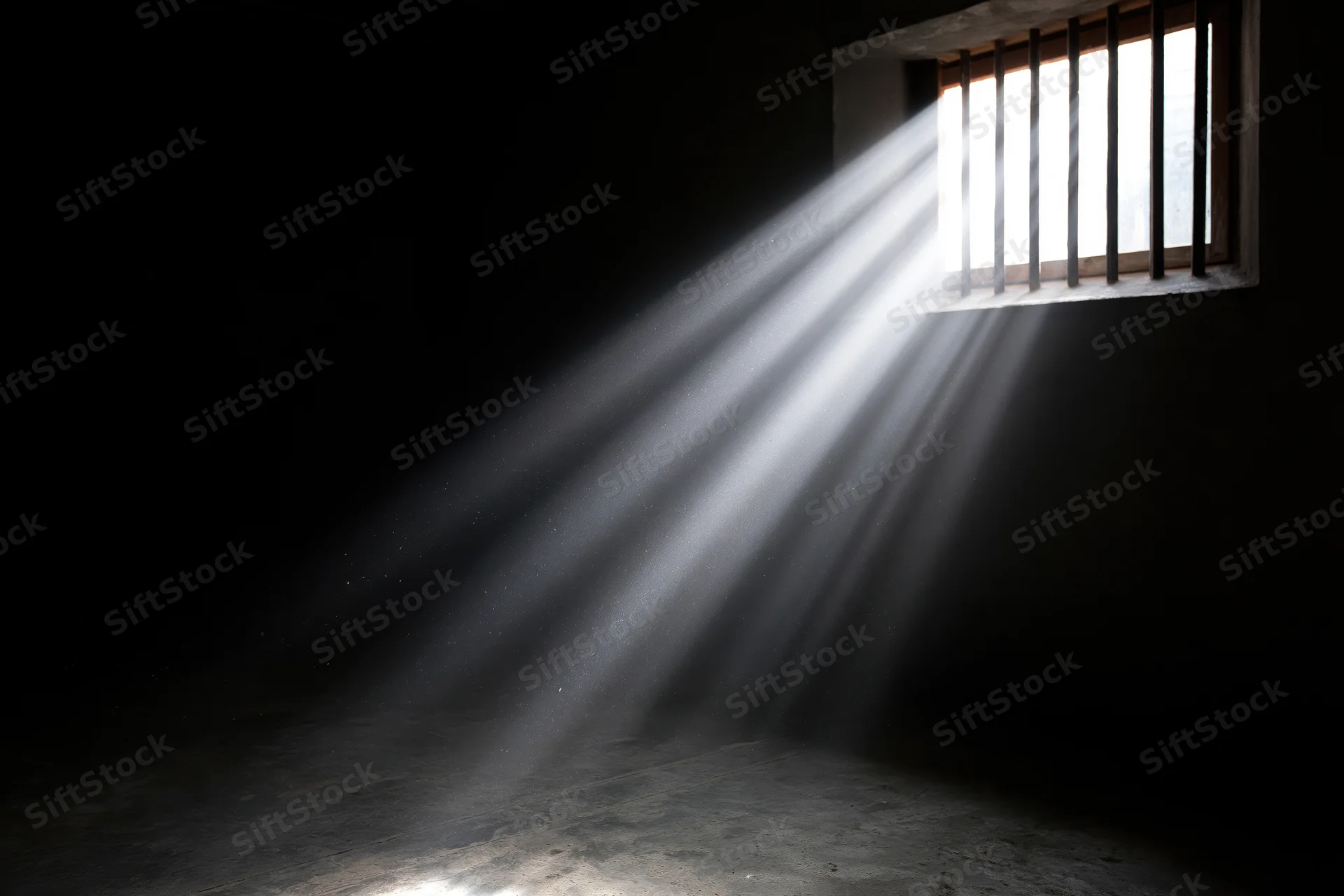 Rays of daylight streaming through a barred window in a prison cell interior