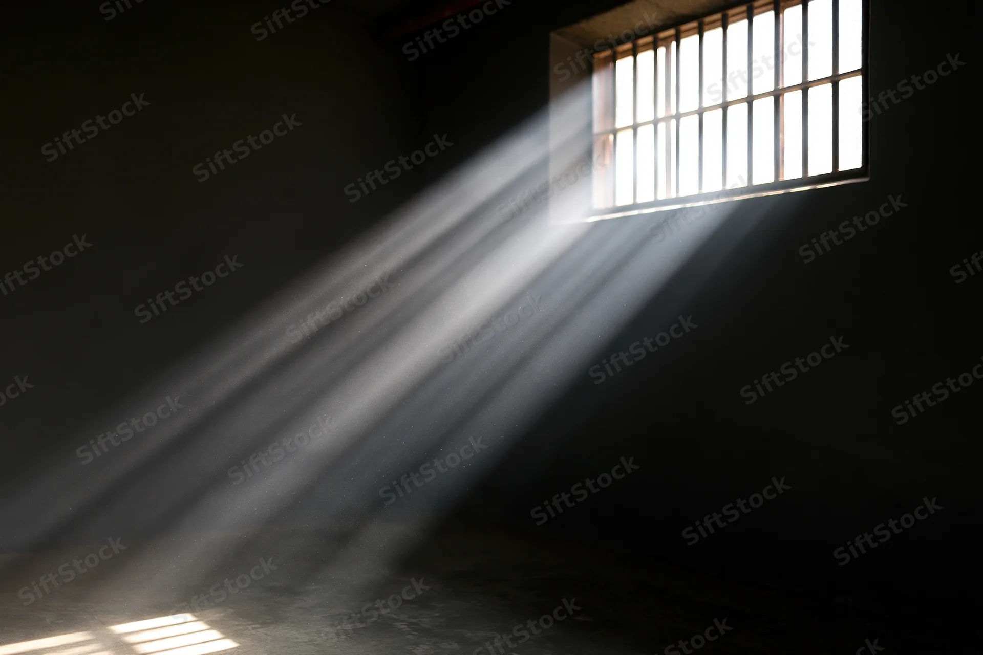 Sunlight streaming through a barred window in a prison cell interior