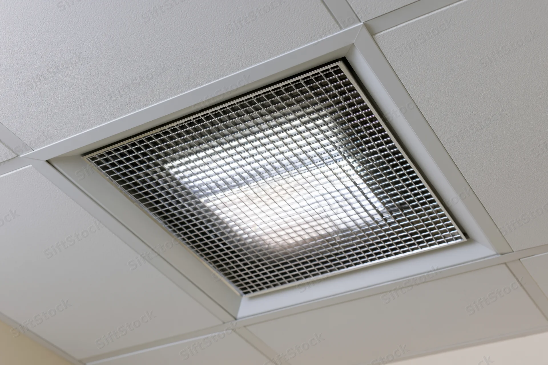 Recessed fluorescent ceiling light fixture in an office grid ceiling