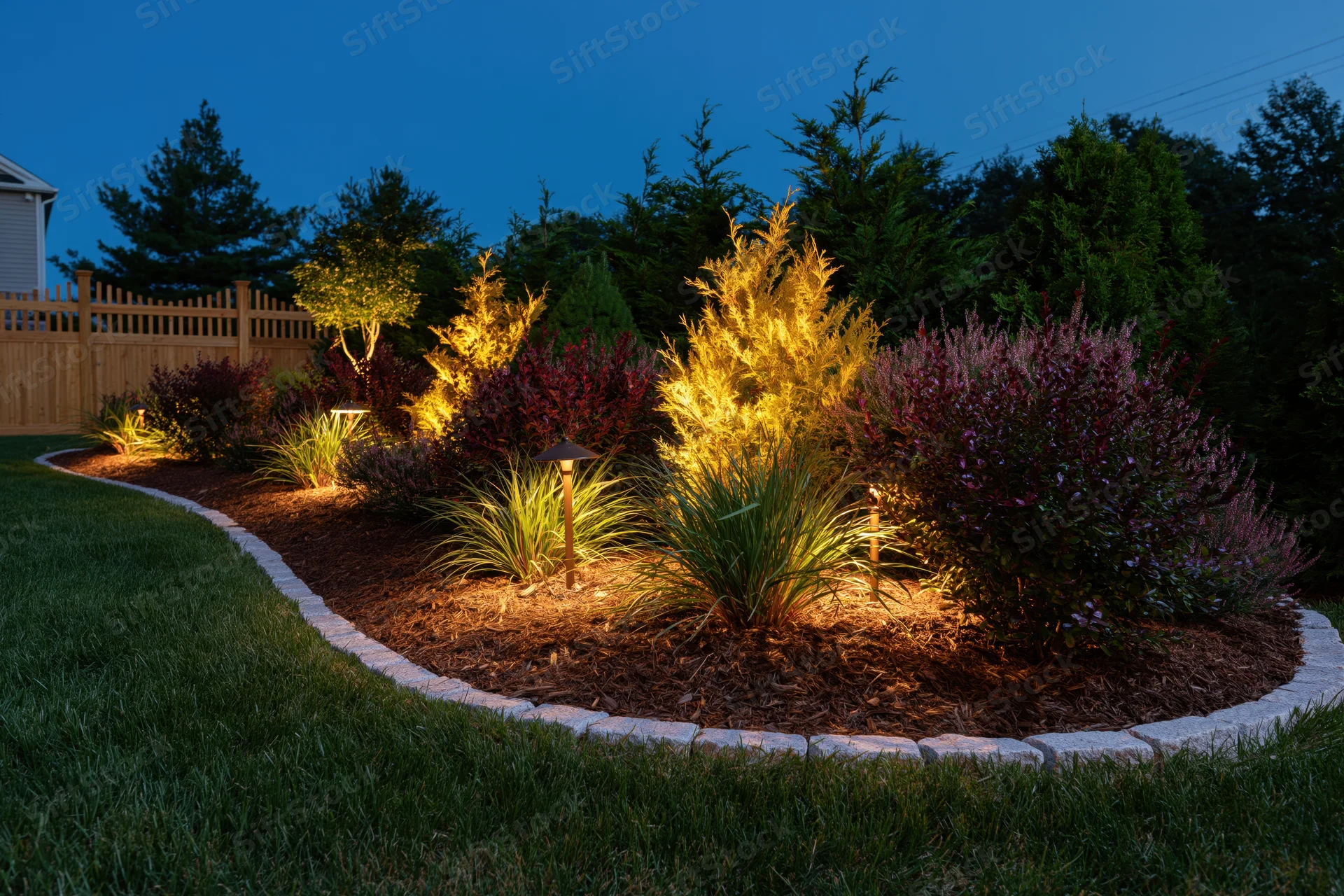 Residential garden bed illuminated by low-voltage uplights at dusk