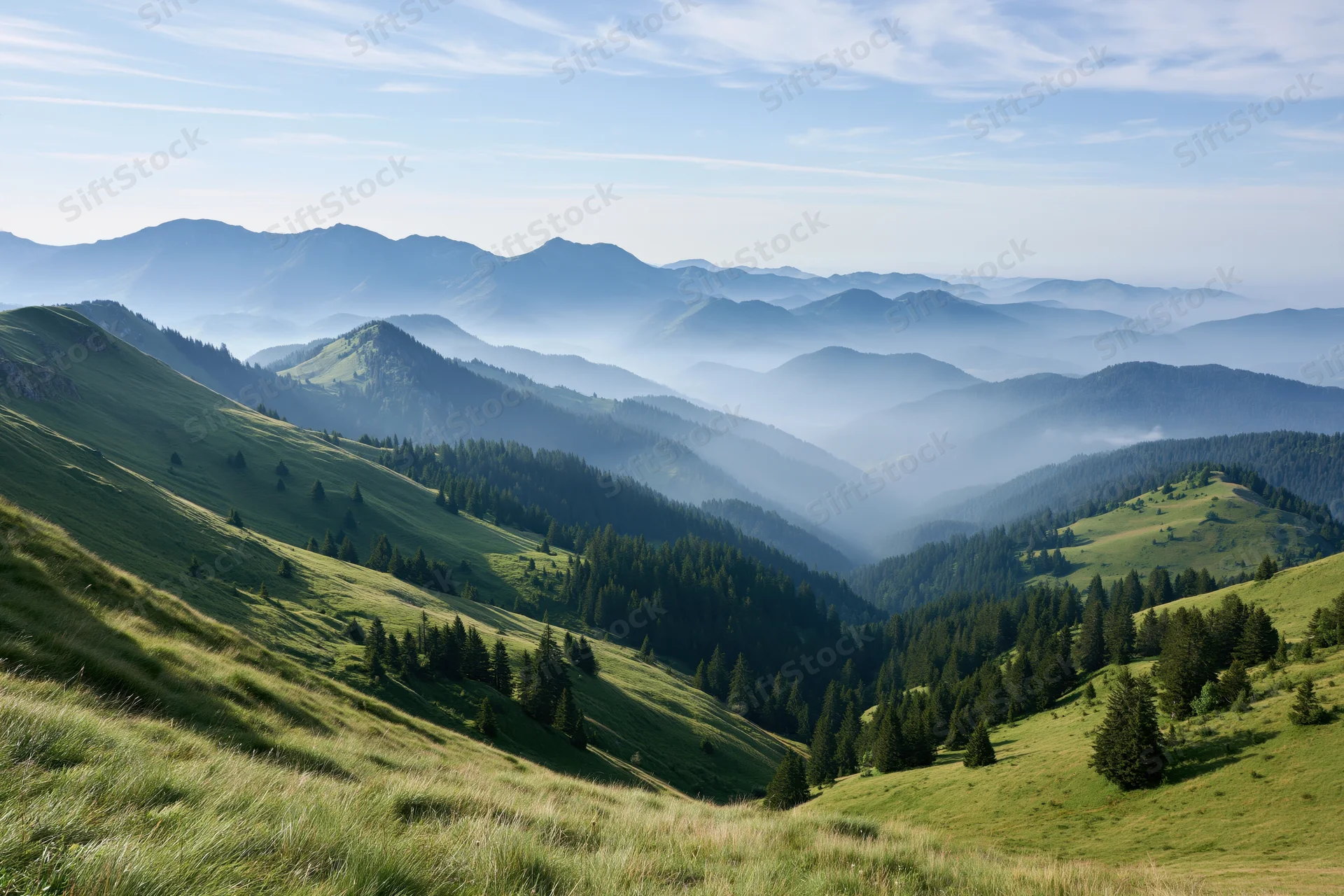 Rolling green mountain meadows with scattered conifer forests under a hazy blue sky