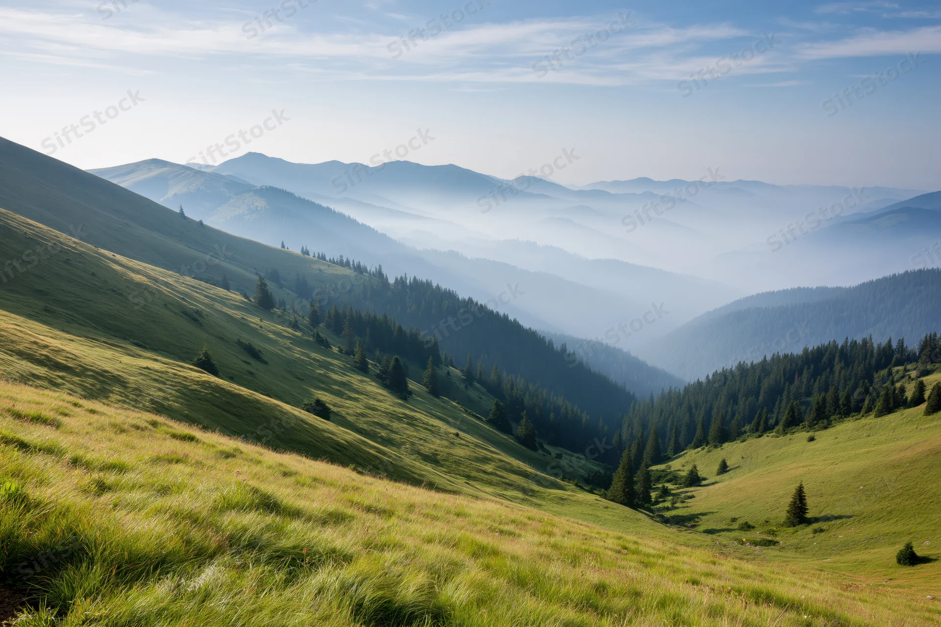 Rolling green mountain meadows with scattered conifer forests in a misty valley