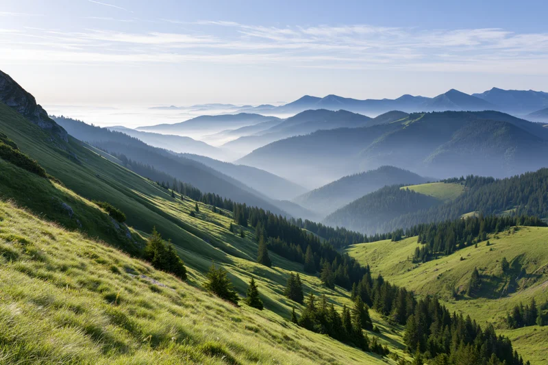 Rolling green mountain meadows with scattered conifer forests under a hazy sky