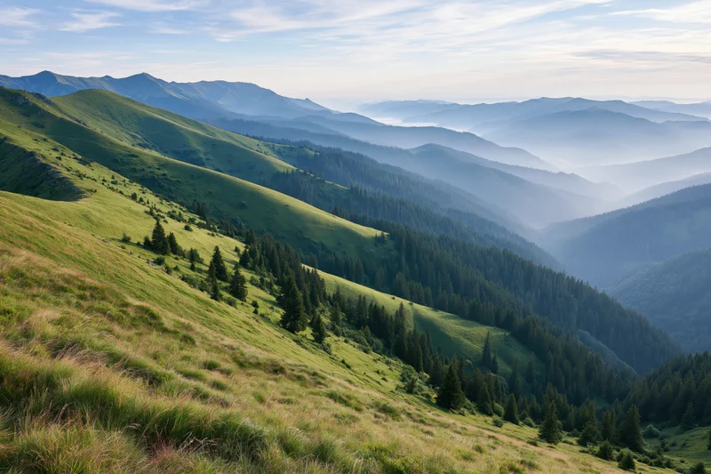 Rolling green meadows with scattered conifer forests in mountain valleys