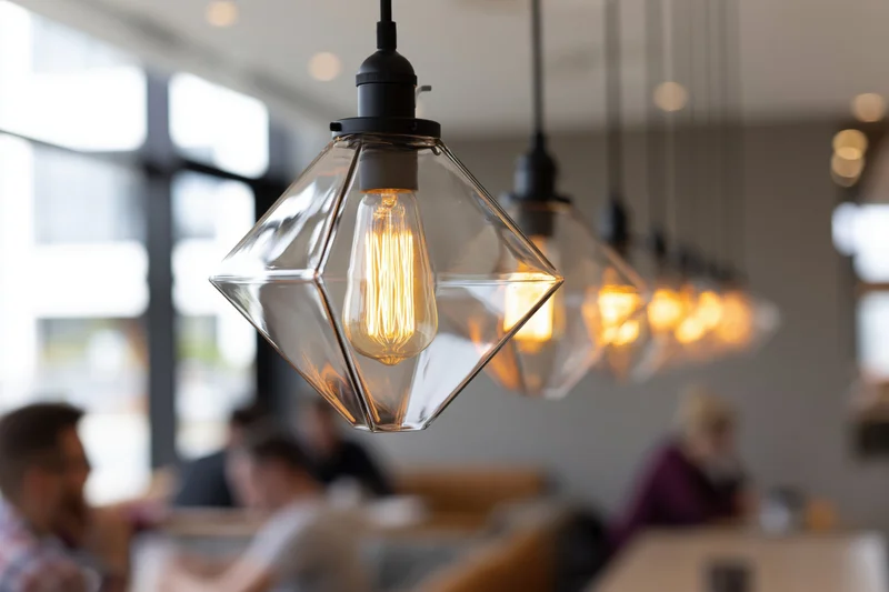 Row of geometric pyramid-shaped clear glass pendant lights with filament bulbs hanging in a modern cafe interior