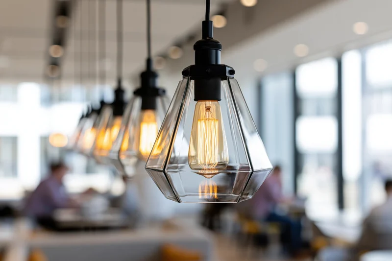 Row of geometric pyramid-shaped clear glass pendant lights with edison bulbs hanging in modern office interior