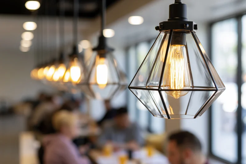 Row of geometric glass pendant lights with exposed filament bulbs hanging over dining tables in a cafe interior