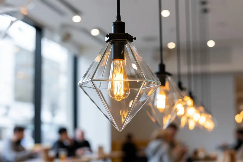 Row of geometric pyramid-shaped clear glass pendant lights with edison bulbs hanging in a modern cafe interior
