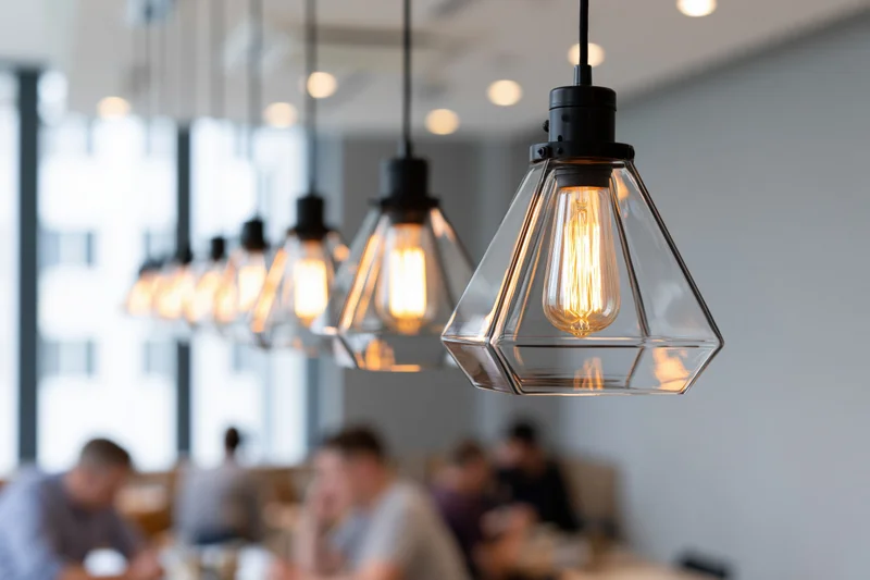 Row of geometric glass pendant lights with edison bulbs hanging over dining area in restaurant interior