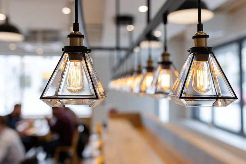 Row of triangular glass pendant lights with exposed filament bulbs hanging over a restaurant dining area