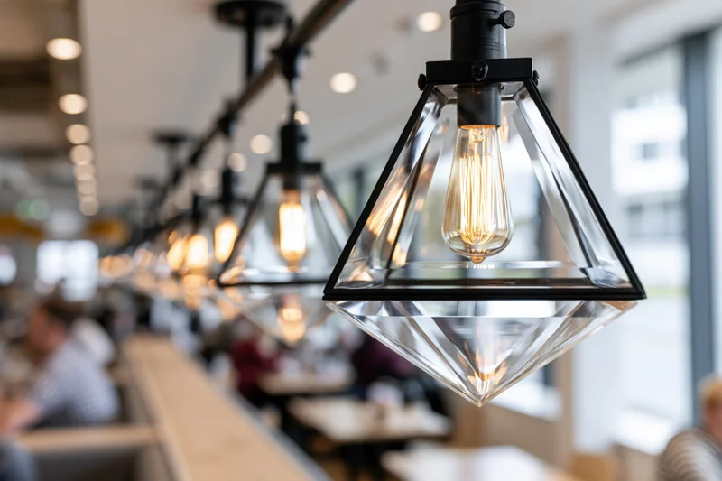 Row of triangular glass pendant lights with exposed filament bulbs hanging over dining tables in a restaurant interior