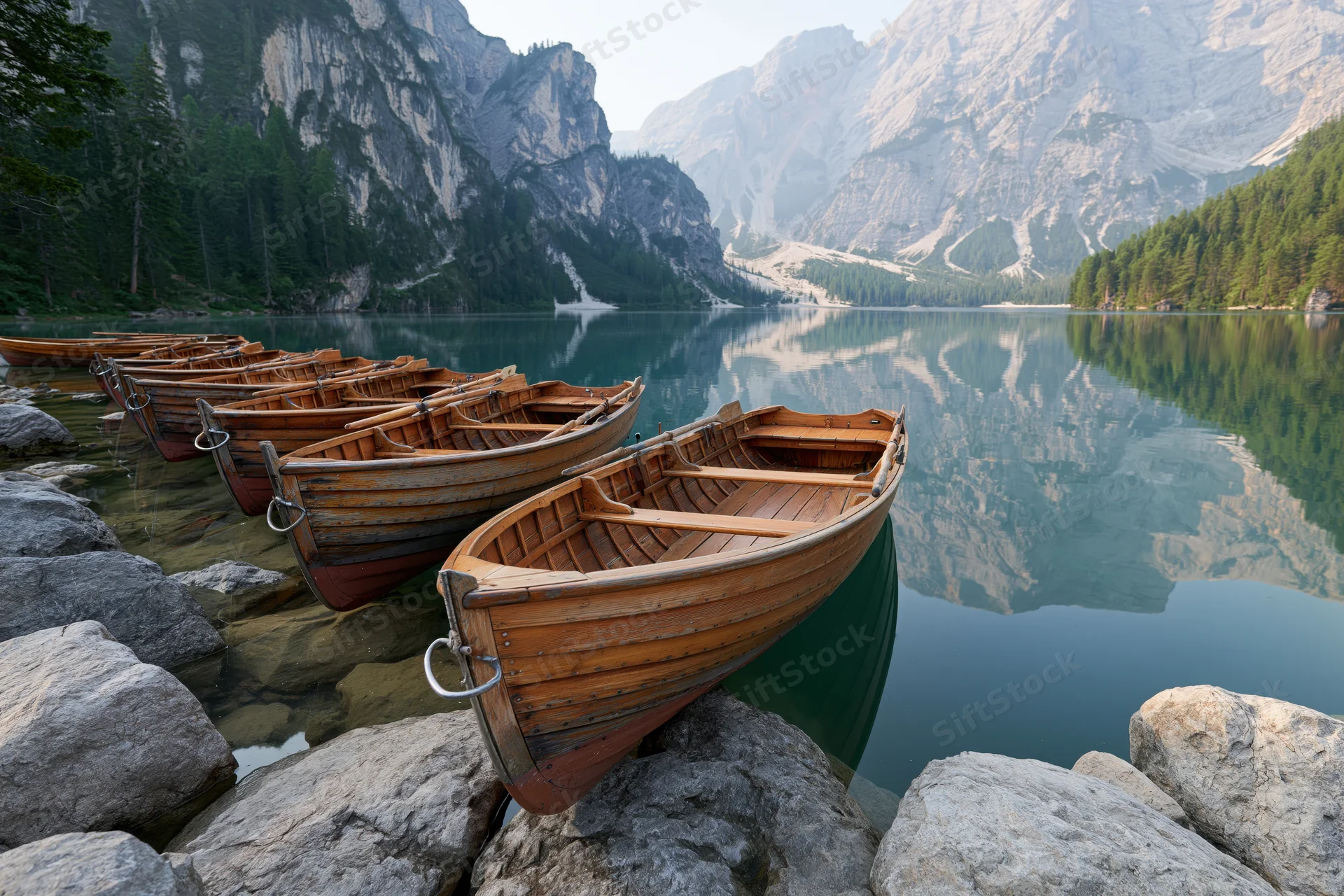Row of weathered wooden rowboats moored along a rocky lakeshore with mountain reflections in calm water