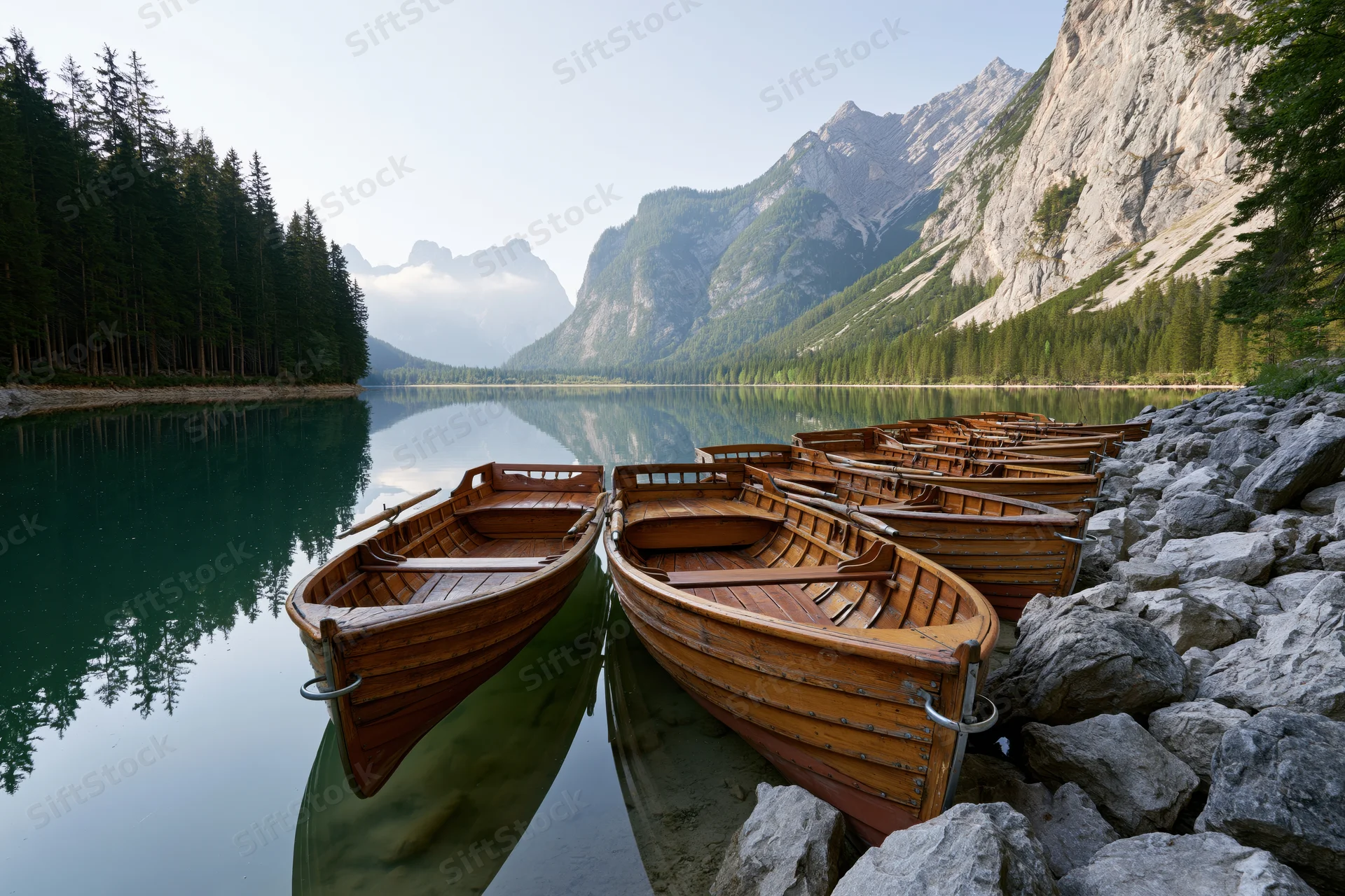 Row of wooden rowboats moored along rocky lakeshore with mountain reflection in calm water