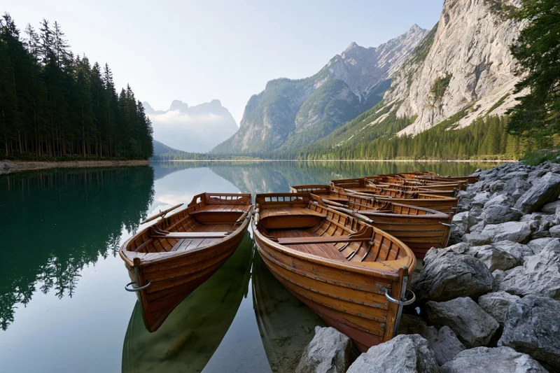 Row of wooden rowboats moored along rocky lakeshore with mountain reflection in calm water