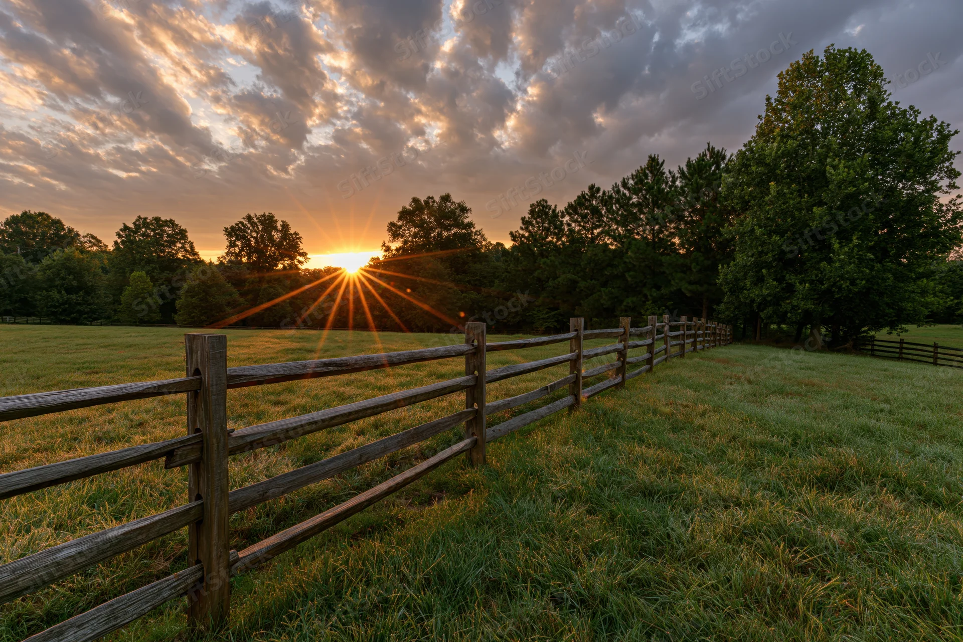 Wooden split-rail fence stretching across a grassy pasture at golden sunrise