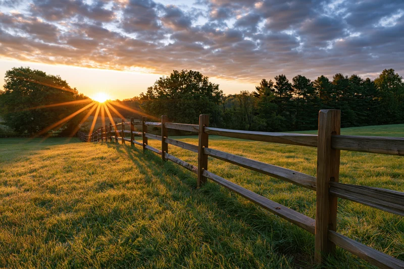Wooden split-rail fence stretching across a grassy pasture at golden sunrise