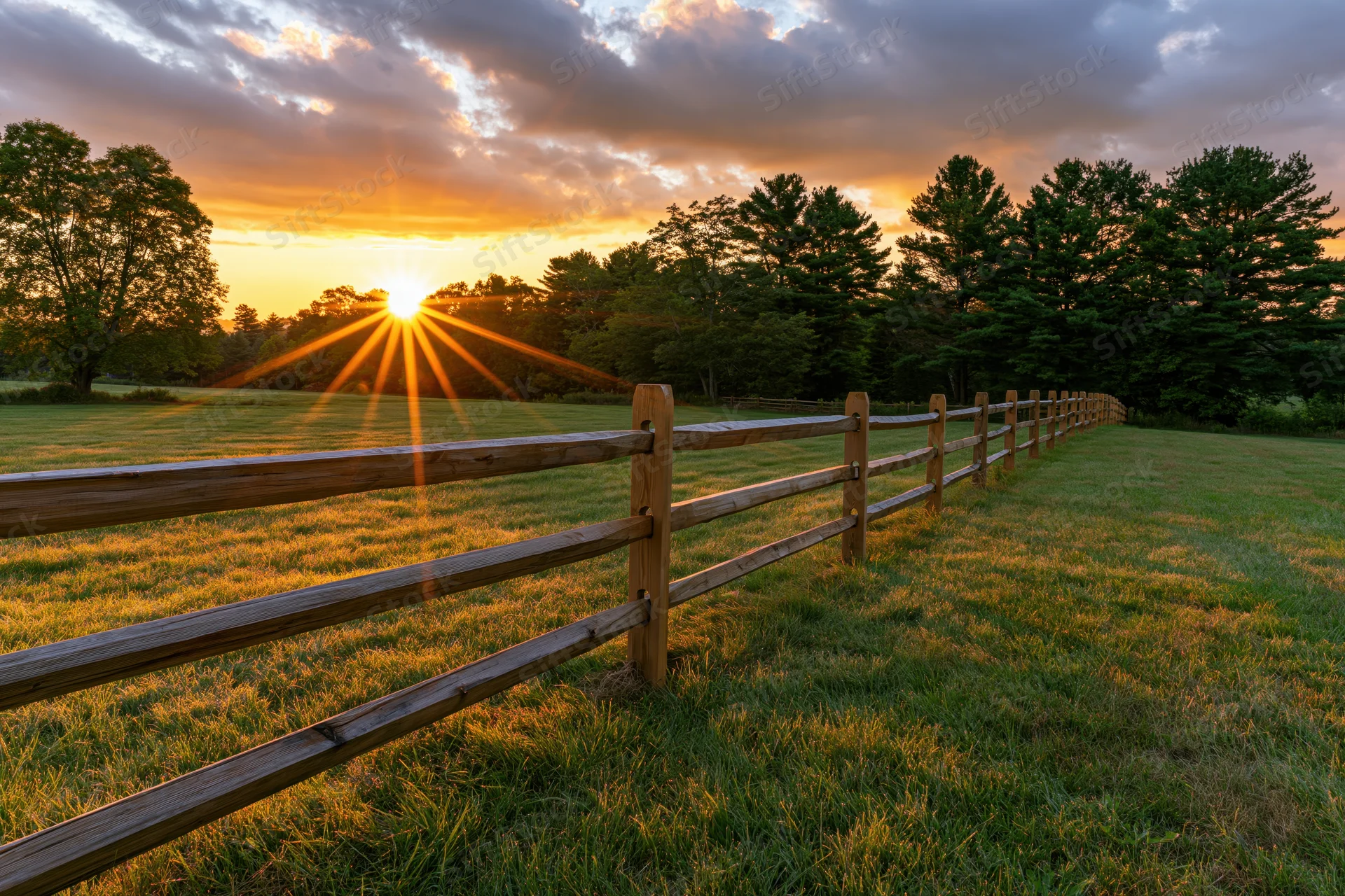 Wooden split-rail fence stretching across a grassy pasture at sunrise with trees and clouds in the background