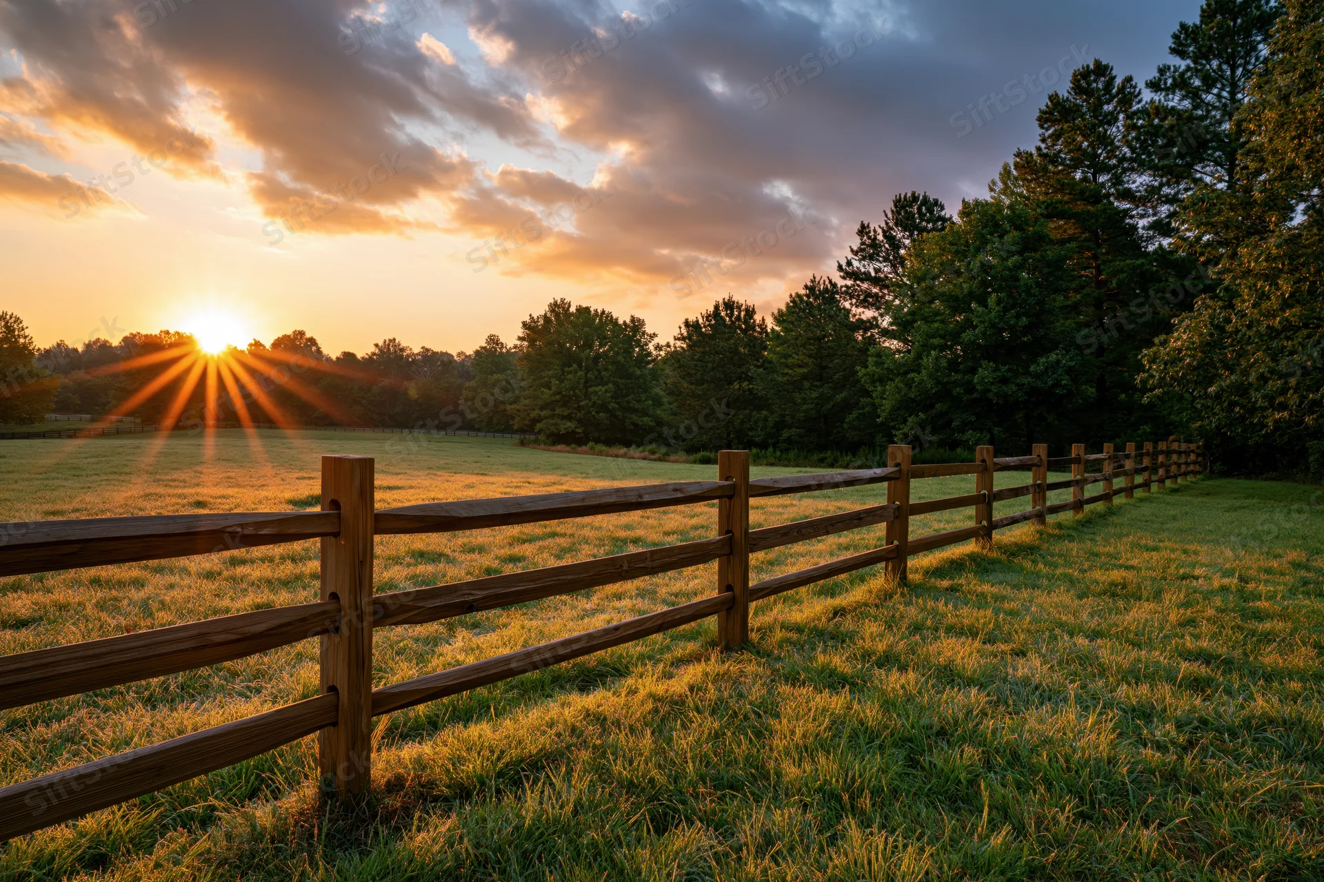 Wooden split-rail fence stretching across a grassy pasture at golden sunrise with trees and sky in the background