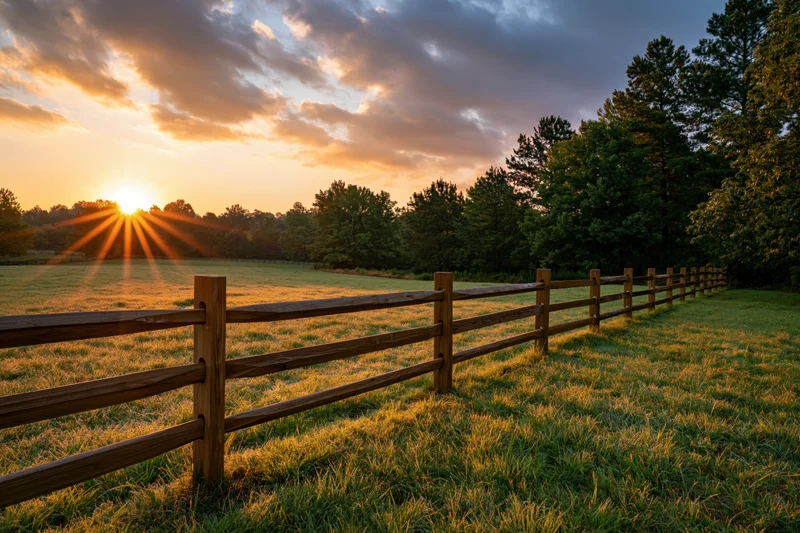Wooden split-rail fence stretching across a grassy pasture at golden sunrise with trees and sky in the background