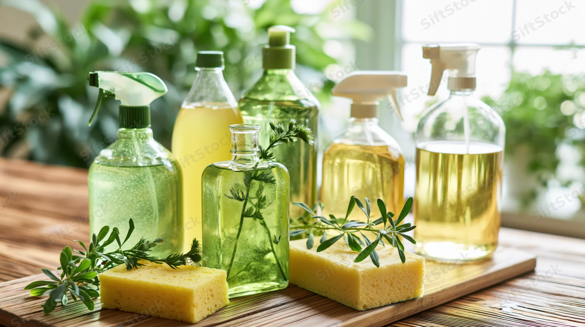 Eco-friendly cleaning bottles with sponges and herbs arranged on a bamboo mat near a window
