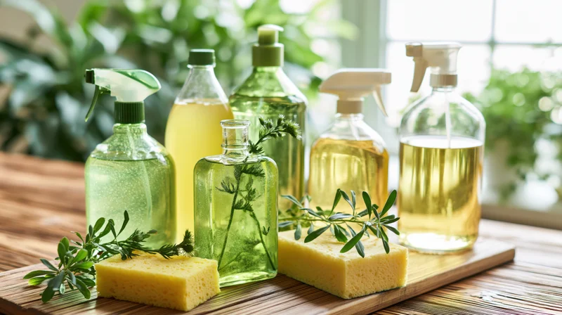 Eco-friendly cleaning bottles with sponges and herbs arranged on a bamboo mat near a window