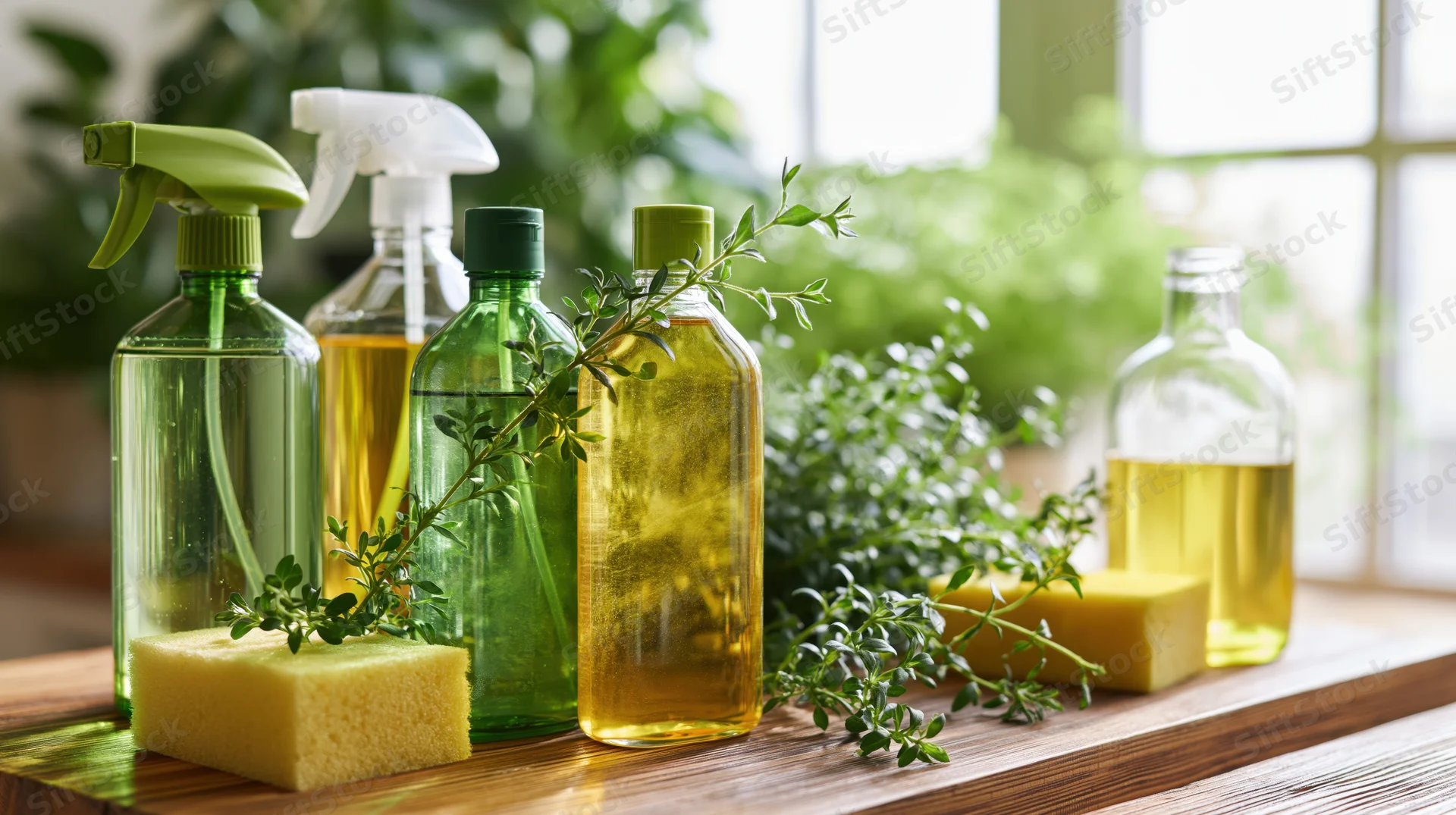 Eco-friendly cleaning bottles and sponges arranged on a wooden kitchen countertop near a window with greenery in the background