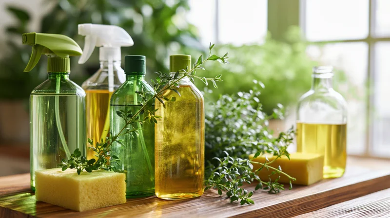 Eco-friendly cleaning bottles and sponges arranged on a wooden kitchen countertop near a window with greenery in the background