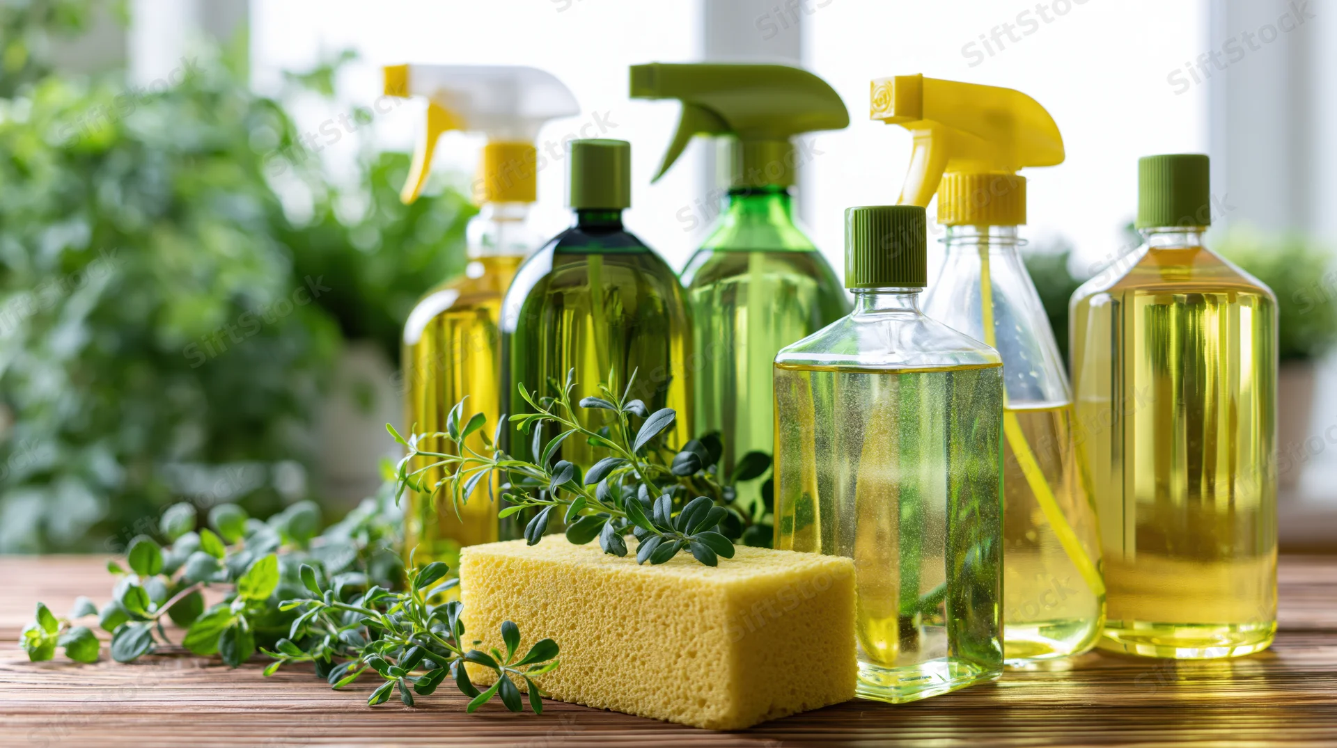 Eco-friendly cleaning bottles with sponge and herbs arranged on wooden table near window
