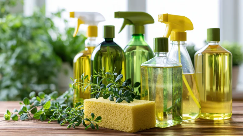 Eco-friendly cleaning bottles with sponge and herbs arranged on wooden table near window