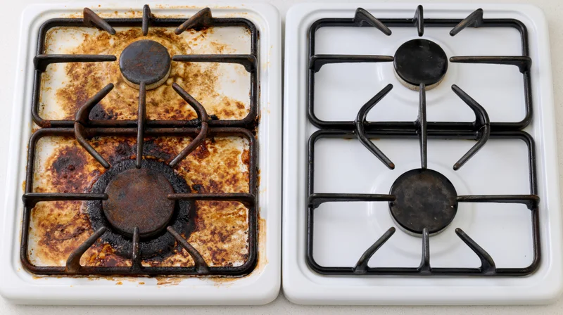 Side-by-side overhead view of a white four-burner gas stove before and after cleaning, showing stained enamel surface and clean grates